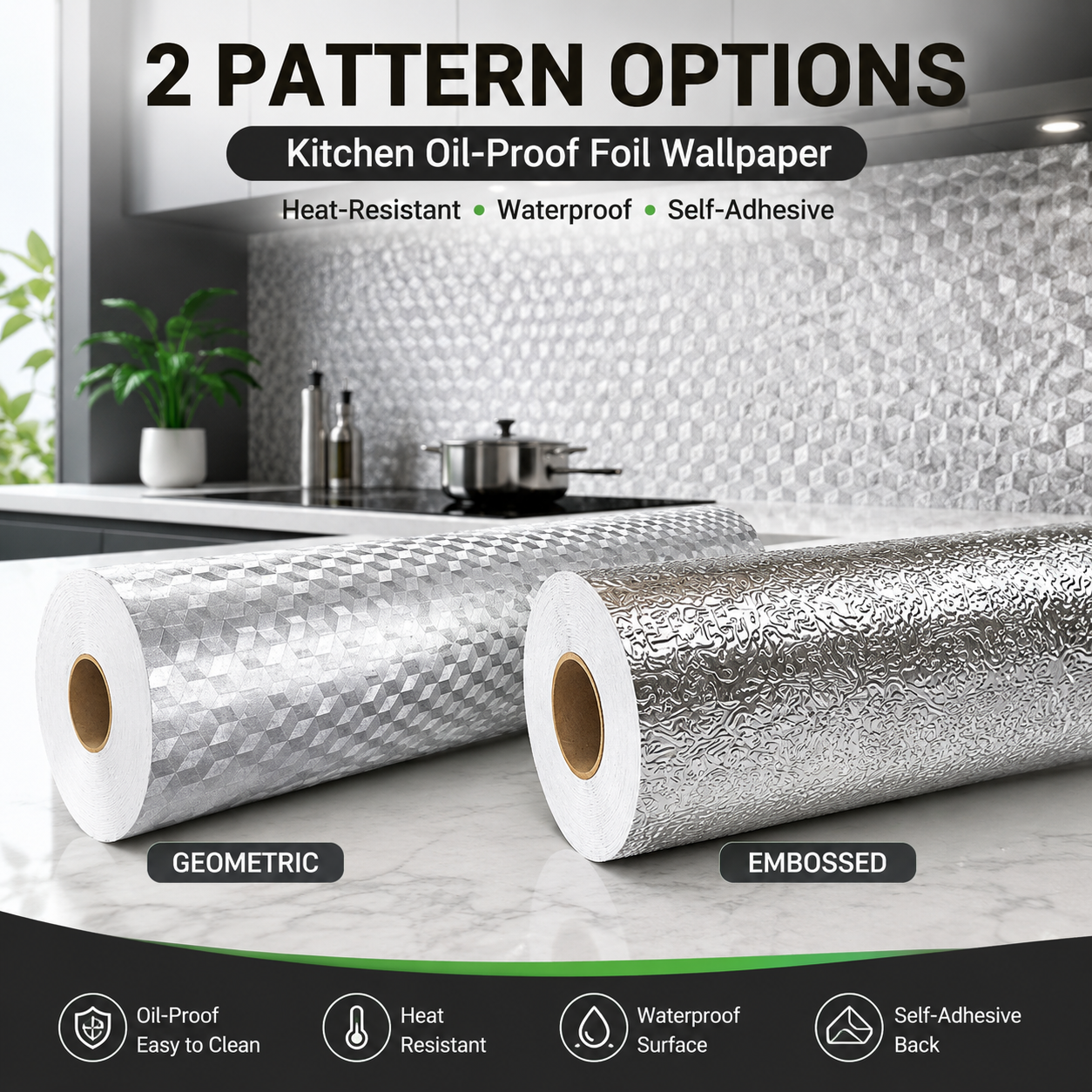 🔥50% OFF – Stainless Steel Oil-Proof Adhesive Wallpaper Roll for Kitchen Countertops, Cabinets & Backsplash