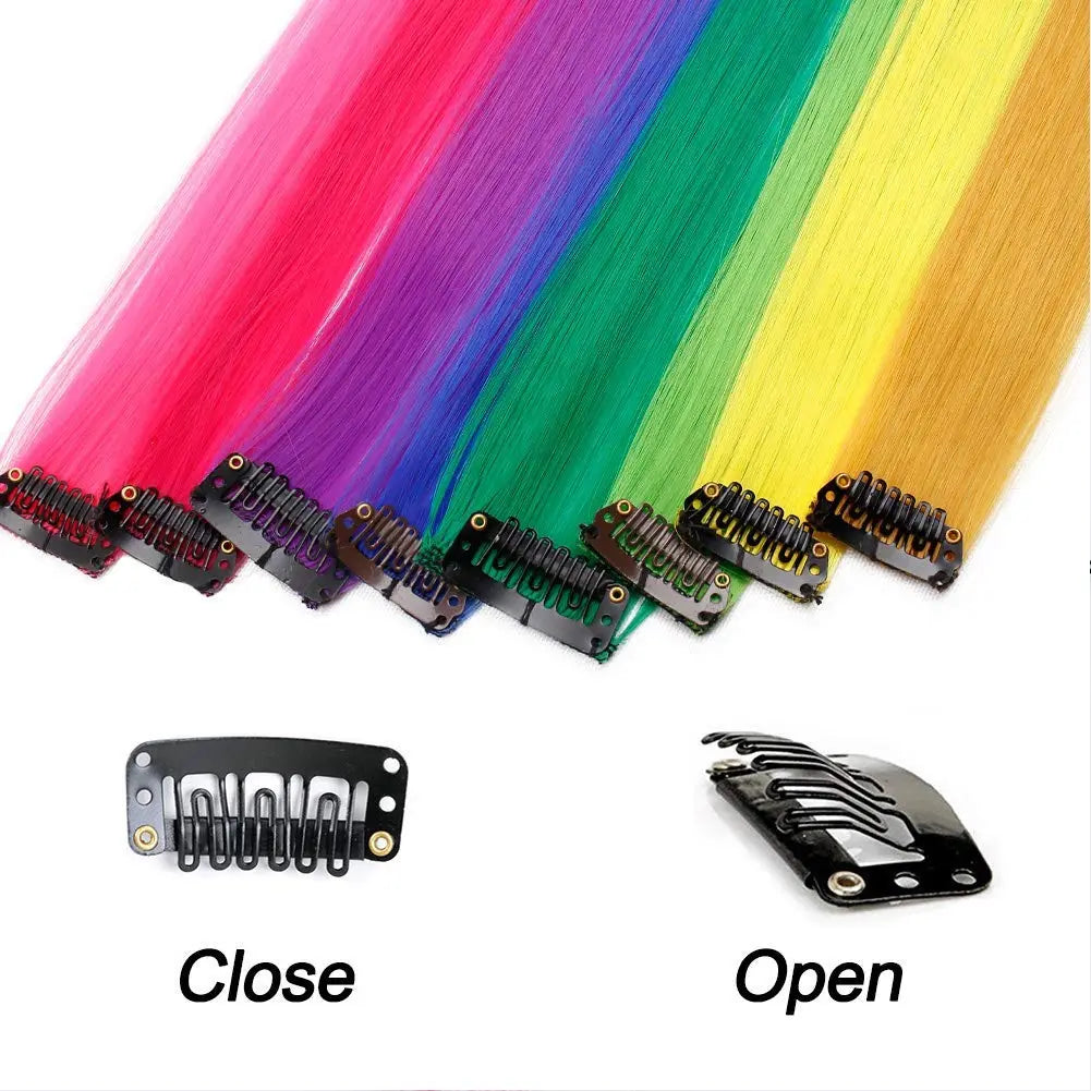 2 PCS Colored Hair Extensions 20Inch Straight Color Clip in Hair Extension Rainbow Party Highlights Synthetic Hairpiece
