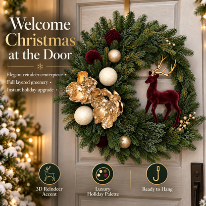 🎄 Luxury Burgundy Reindeer Christmas Wreath – Elegant Champagne Gold Front Door Holiday Decor 🦌✨