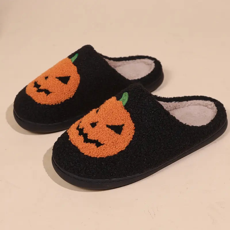 Women Men Comfy Faux Fur Lined Skull Pumpkin Plush Slippers