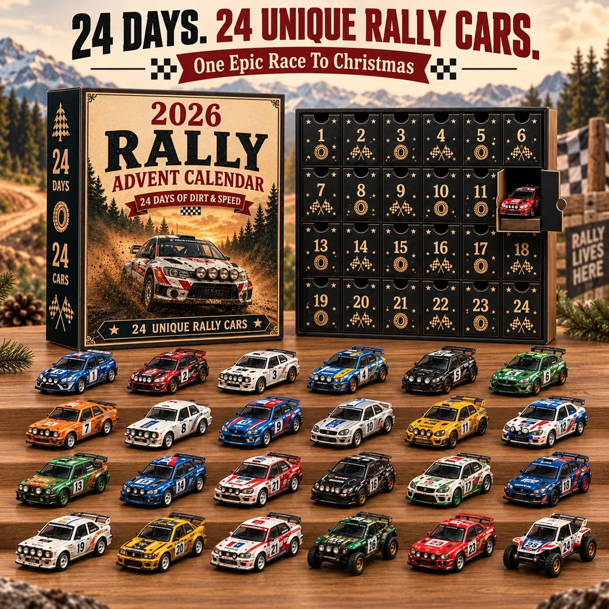 🏎️ Rallye-Adventskalender 2026 – 24 Tage voller Tempo & Action, 24 Rallyeautos zum Sammeln