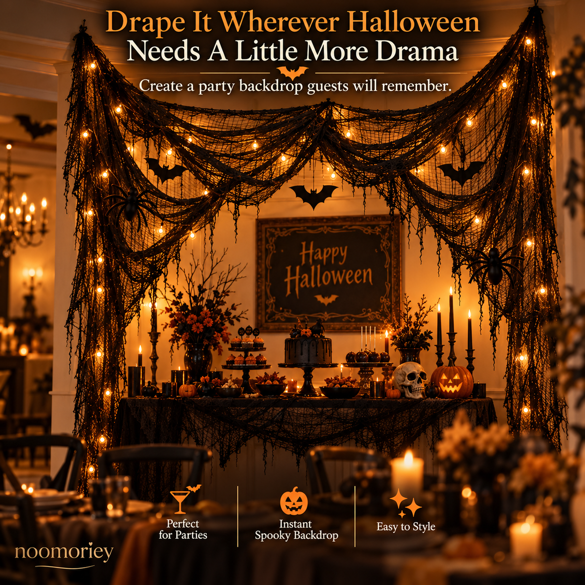 🎃 Halloween Creepy Cloth – Black Gauze Spiderweb Draping for Doorways, Stairs & Party Décor