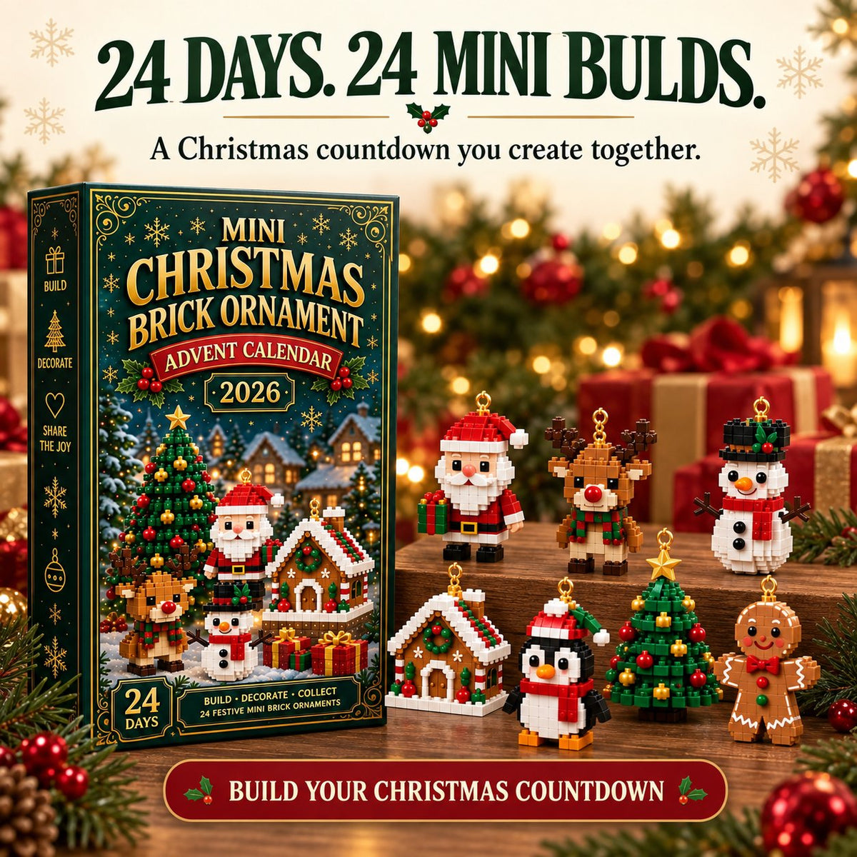 🎁🎁🎄24-Day Mini Christmas Brick Ornament Advent Calendar | 24 Unique Buildable Holiday Ornaments to Create, Hang & Keep 🧱