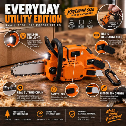🪚 Mini Chainsaw Keychain Multi-Tool – Rechargeable LED Flashlight & Retractable Utility Cutter