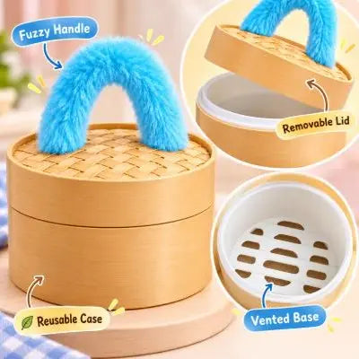 Cute Plush Stuffed Dumpling Squishies with Bamboo-Style Steamer Basket