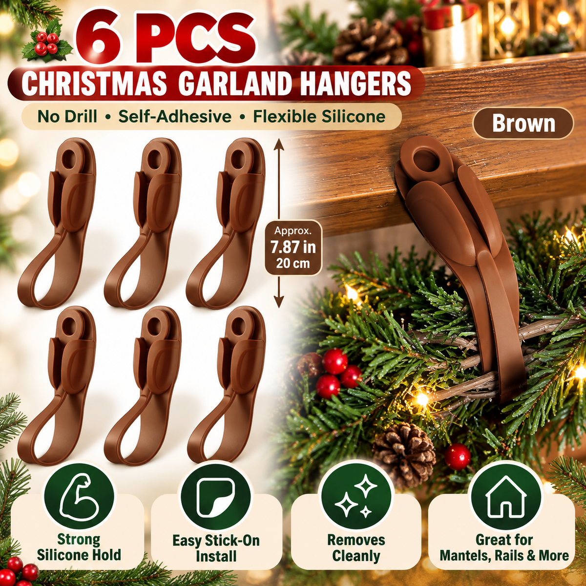 🎄 6-Pack Christmas Garland Hanger Clips – No-Drill Adhesive Silicone Holders for Mantels, Staircases & Holiday Decor