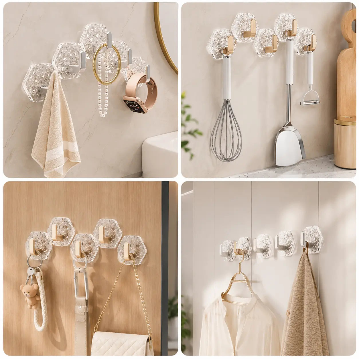 No Drill Wall Hooks Set - Waterproof Self Adhesive Hooks for Bathroom, Kitchen, Towels, Keys & Everyday Storage