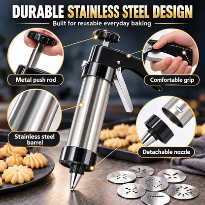 🍪 Stainless Steel Cookie Press & Decorating Kit | 13 Cookie Discs + 8 Icing Tips for Cookies, Cupcakes & Cakes 🧁
