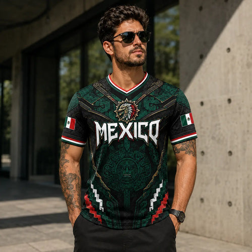 2026 Mexico Eagle Warrior Soccer Jersey⚽ – Aztec Calendar Graphic V-Neck Fan Shirt for Men