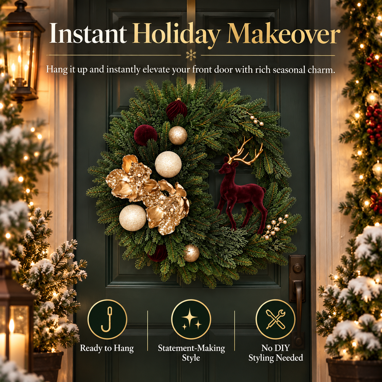 🎄 Luxury Burgundy Reindeer Christmas Wreath – Elegant Champagne Gold Front Door Holiday Decor 🦌✨