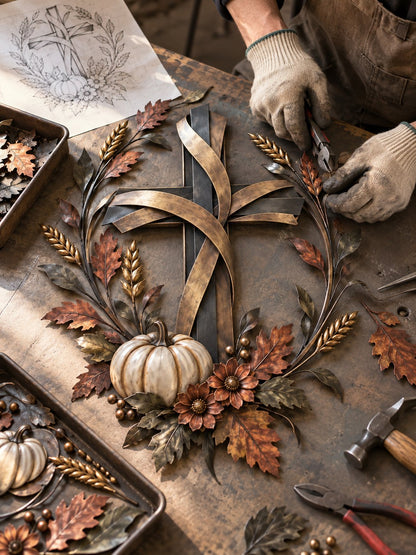 ✝️🍂 Autumn Cross & Pumpkin Harvest Metal Wall Decor (📦Buy 2 Free Shipping)