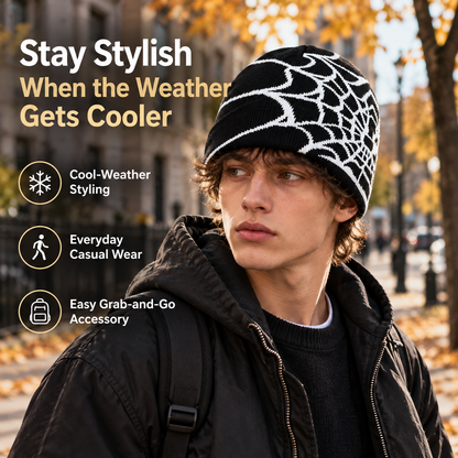 🕸️ SpiderWeb Gothic Knit Beanie – Y2K Streetwear Hat with Bold Spider Web Design