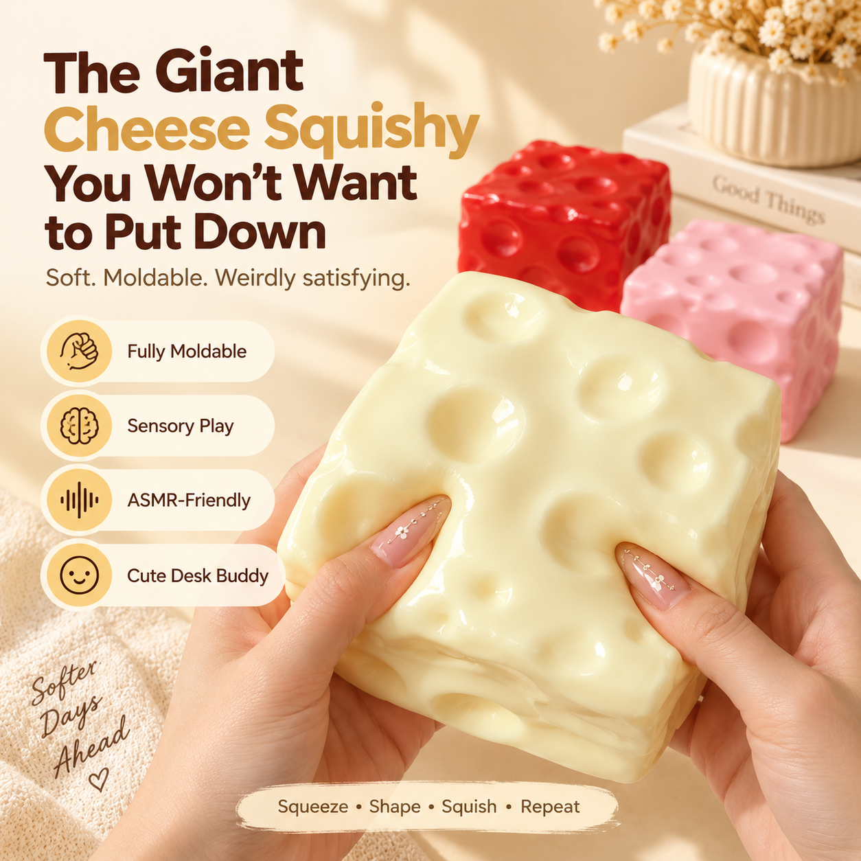 🧀 Giant Moldable Cheese Squishy – Soft & Satisfying Sensory Fidget Toy