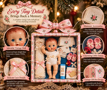 🎄🎁Vintage Baby Doll Gift Box Christmas Ornament – Nostalgic Keepsake | A Heartwarming Christmas Gift for Doll Lovers, Moms & Grandmas.