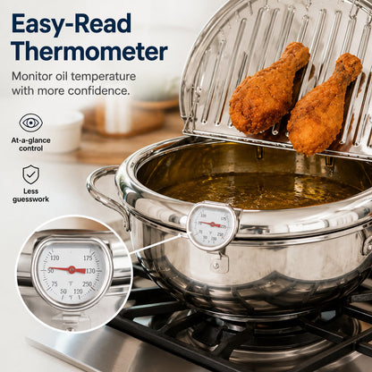 🍟 Stainless Steel Deep Fryer Pot with Thermometer & Frying Basket – Easy Home Frying