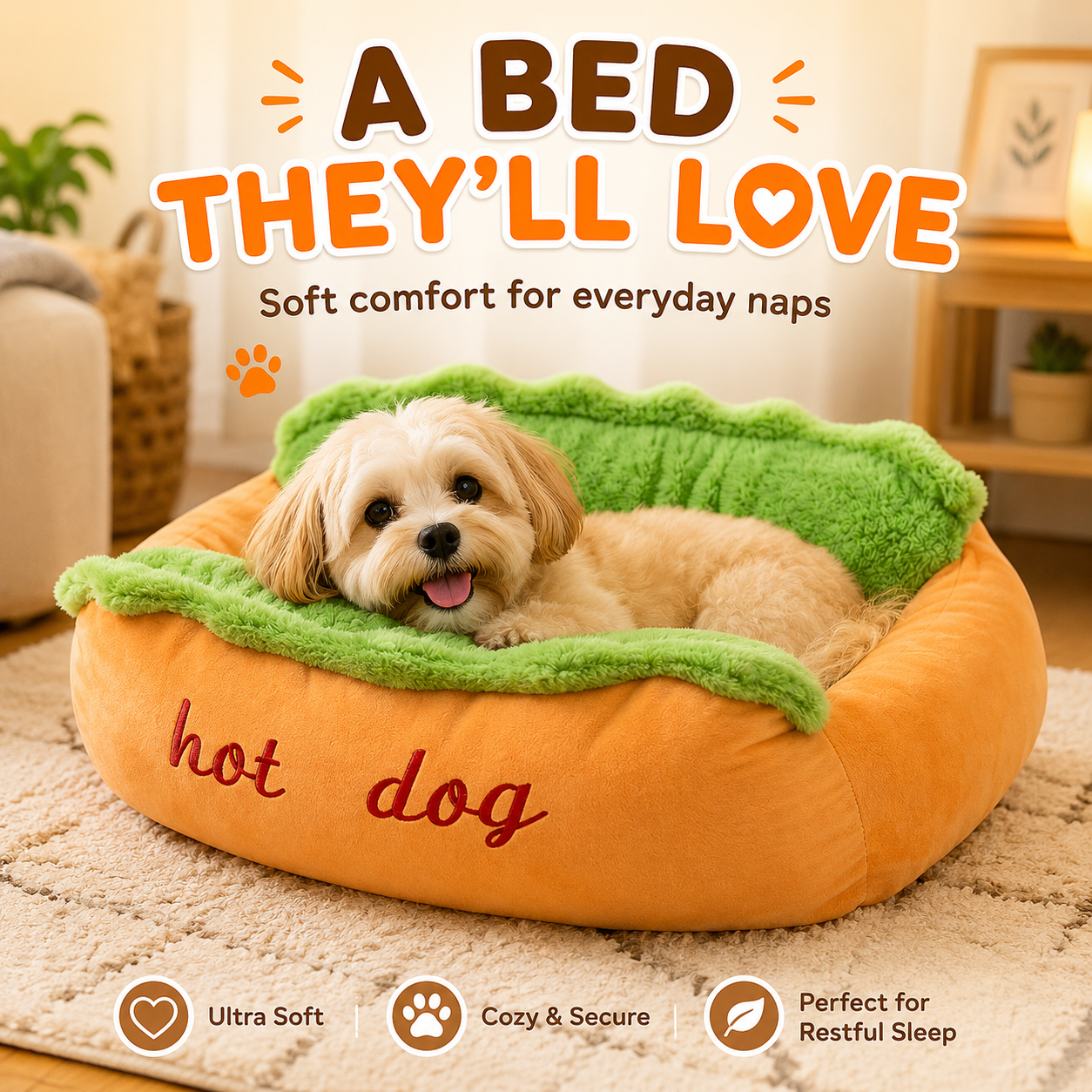 🌭 Hot Dog Dog Bed – Cute Plush Pet Sofa for Small Dogs & Cats