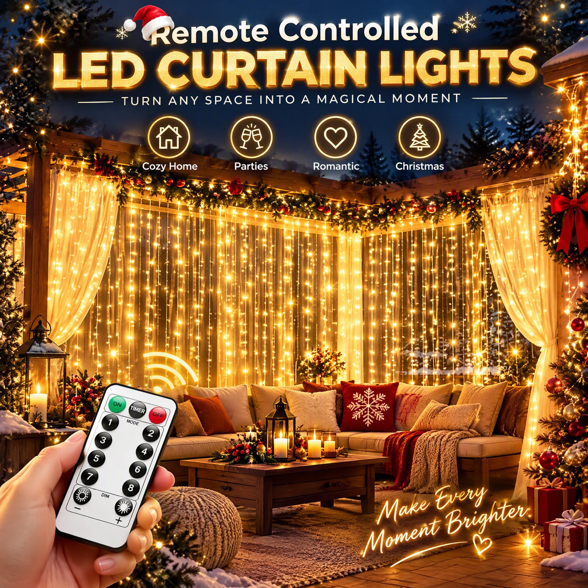 ✨ Remote Controlled LED Curtain Fairy Lights (Not Included Curtain) | 9.8×9.8ft