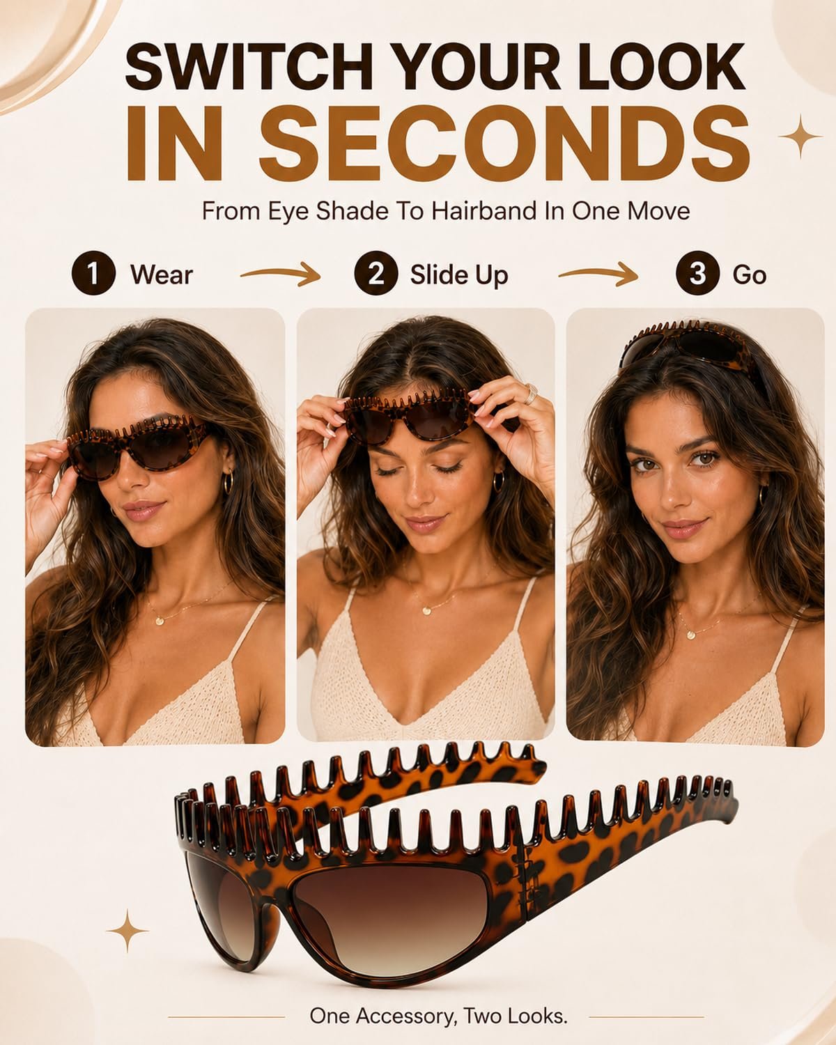 2 in 1 Foldable Sunglasses Headband Chic Tortoiseshell Hair Accessory, For Women Summer Workout Yoga Travel Daily Use