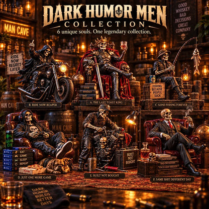 💀🔥 Bad to the Bone – 6 Dark Humor Skeleton Collectibles for Men, Man Cave Decor & Unique Gifts 🎁