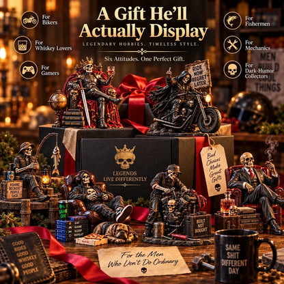 💀🔥 Bad to the Bone – 6 Dark Humor Skeleton Collectibles for Men, Man Cave Decor & Unique Gifts 🎁