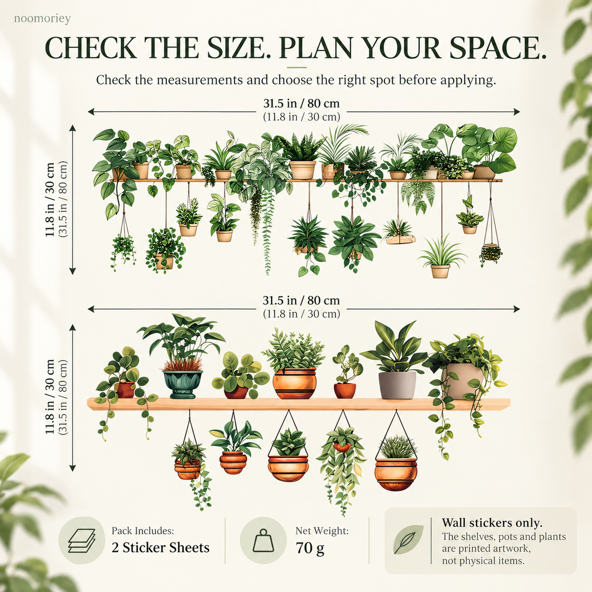 🌿 Botanical Shelf Wall Stickers – 2-Piece Self-Adhesive Plant Decor