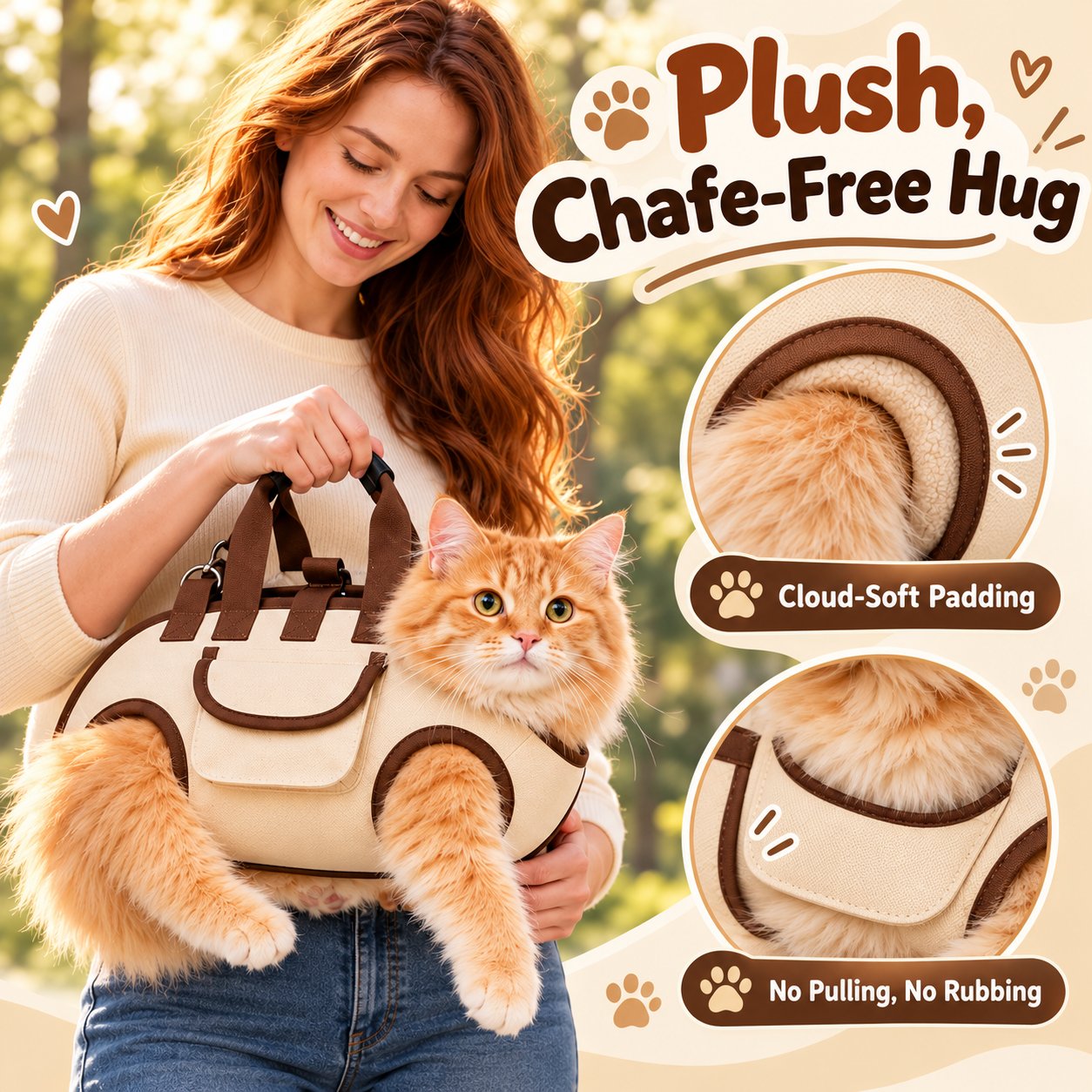 Close-up plush padded leg and chest openings on pet sling carrier