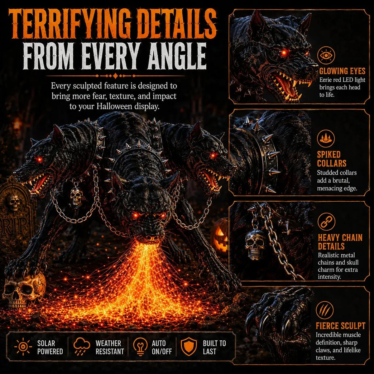 🔥 3-Headed Hellhound Halloween Light – Solar Fire-Breathing Yard Monster CUSBBY
