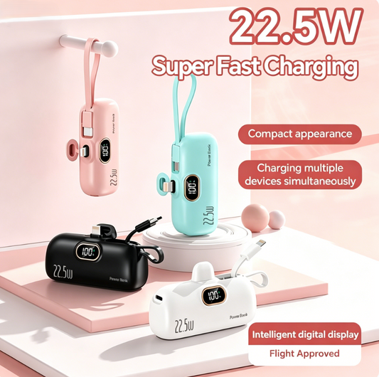 5000mAh Mini Power Bank | 22.5W Fast Charge, Built-in Cable, Pocket-Sized for iPhone & Android-RH