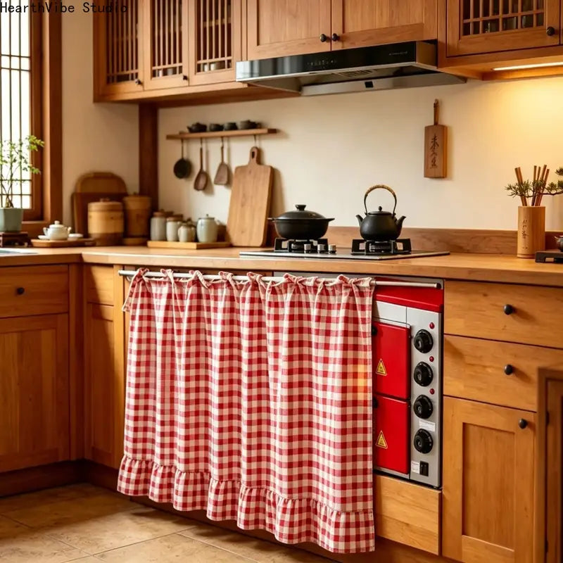 2026 Farmhouse-Style Stove Curtain, Gingham Grid Ruffle-Edge Tier Curtains