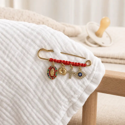 Protection Brooch for Pregnancy & Baby Religious Charm Maternity Safety Pin Brooch – Virgin Mary, Cross & Evil Eye Belly Jewelry Pin