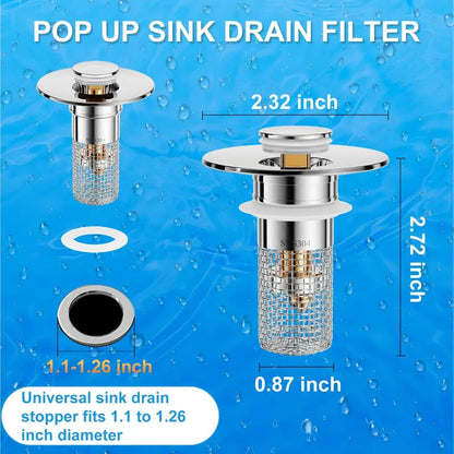🚰✨ DrainGuard – 2-in-1 Pop-Up Sink Stopper & Stainless Steel Hair Catcher