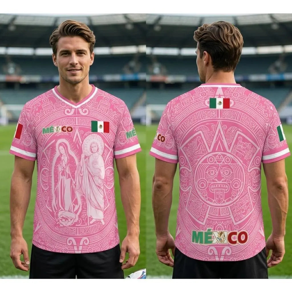 Men's Light Pink Virgencita & San Juditas Mexico 2026 Soccer Jersey, Mens Clothing, 2026 Soccer Fan Shirt, Casual Mexican Culture Sports Jersey, Mexico 2026 Jersey