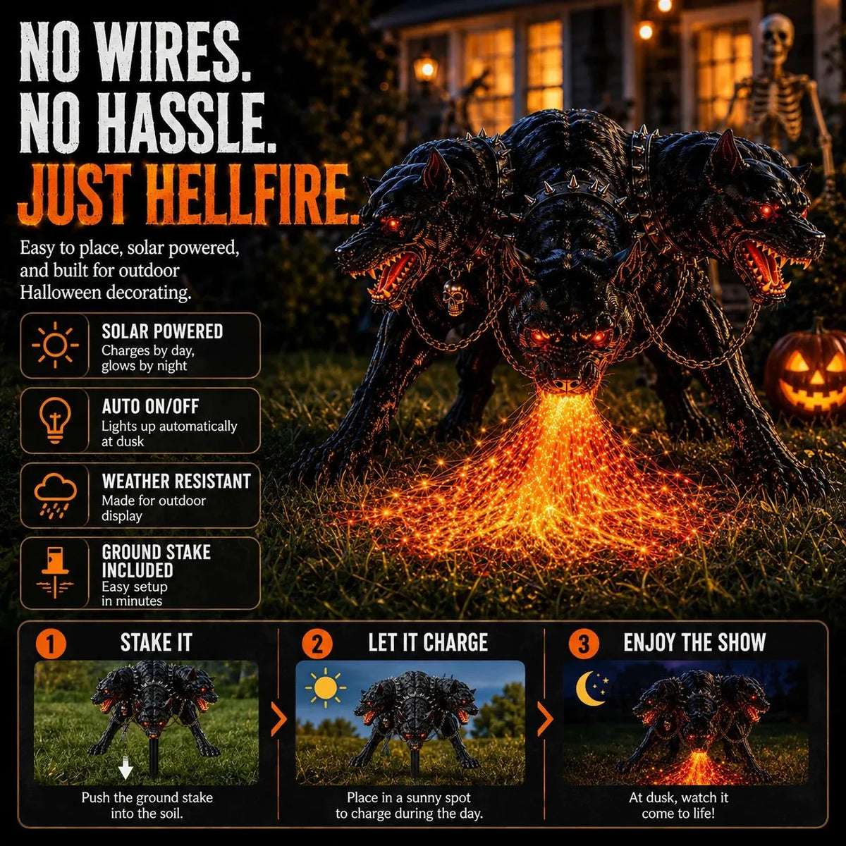 🔥 3-Headed Hellhound Halloween Light – Solar Fire-Breathing Yard Monster CUSBBY