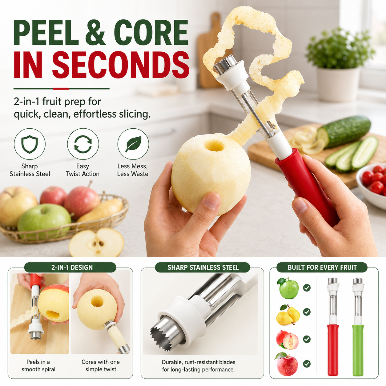 2 in 1 Apple Corer and Peeler, Apple Core Removal Tool, Stainless Steel Fruit Corer🍎