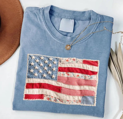 Retro American Flag Shirt, Faux Patchwork USA Tee, Digital Print Shirt, 4th of July Shirt