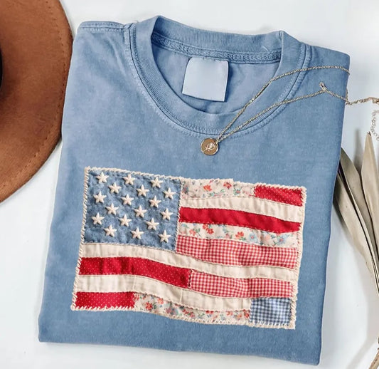 Retro American Flag Shirt, Faux Patchwork USA Tee, Digital Print Shirt, 4th of July Shirt