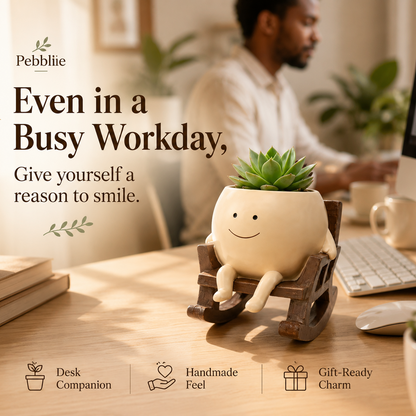 Upgrade Your Plain Boring Plant Pots | Cute Lazy Smile Character Ceramic Succulent Planter with Detachable Wooden Rocking Chair Desk Decor