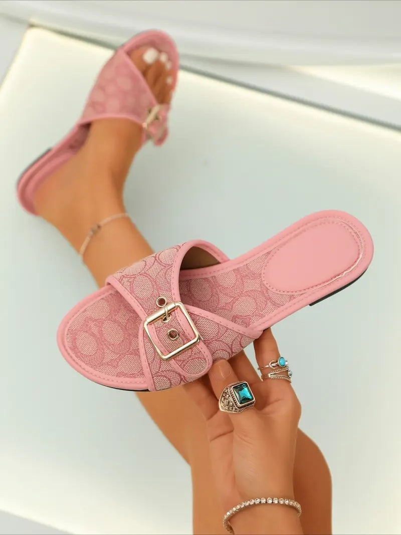 Rhinestone slide sandals with tan trim & flat comfy sole