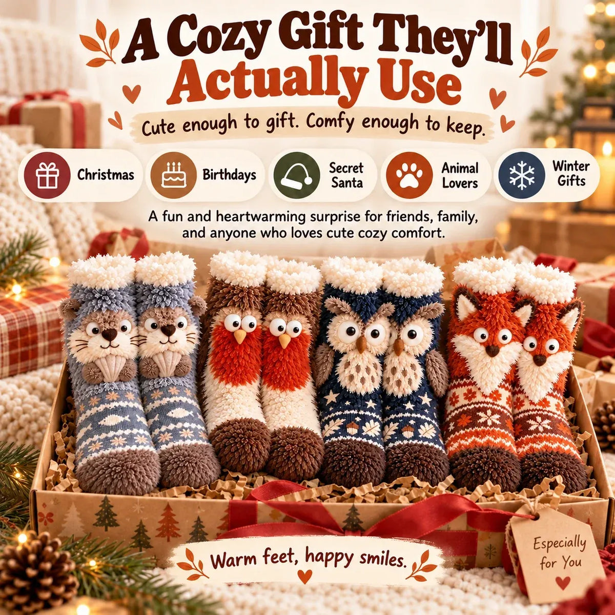 🦊🐦 Cozy 3D Animal Fuzzy Slipper Socks – Cute & Warm House Socks 🦦🦉