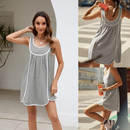 Women's Contrast Trim Sleeveless Swing Dress, Casual Loose Fit Crew Neck Mini Dress, Summer A-Line Tunic Dress for Beach & Daily Wear, Sizes XS-XXXL