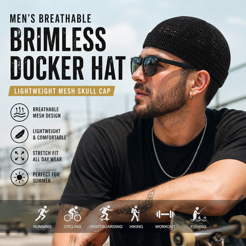 🔥Men’s Breathable Brimless Docker Hat – Lightweight Mesh Skull Cap for Summer Outdoor Wear