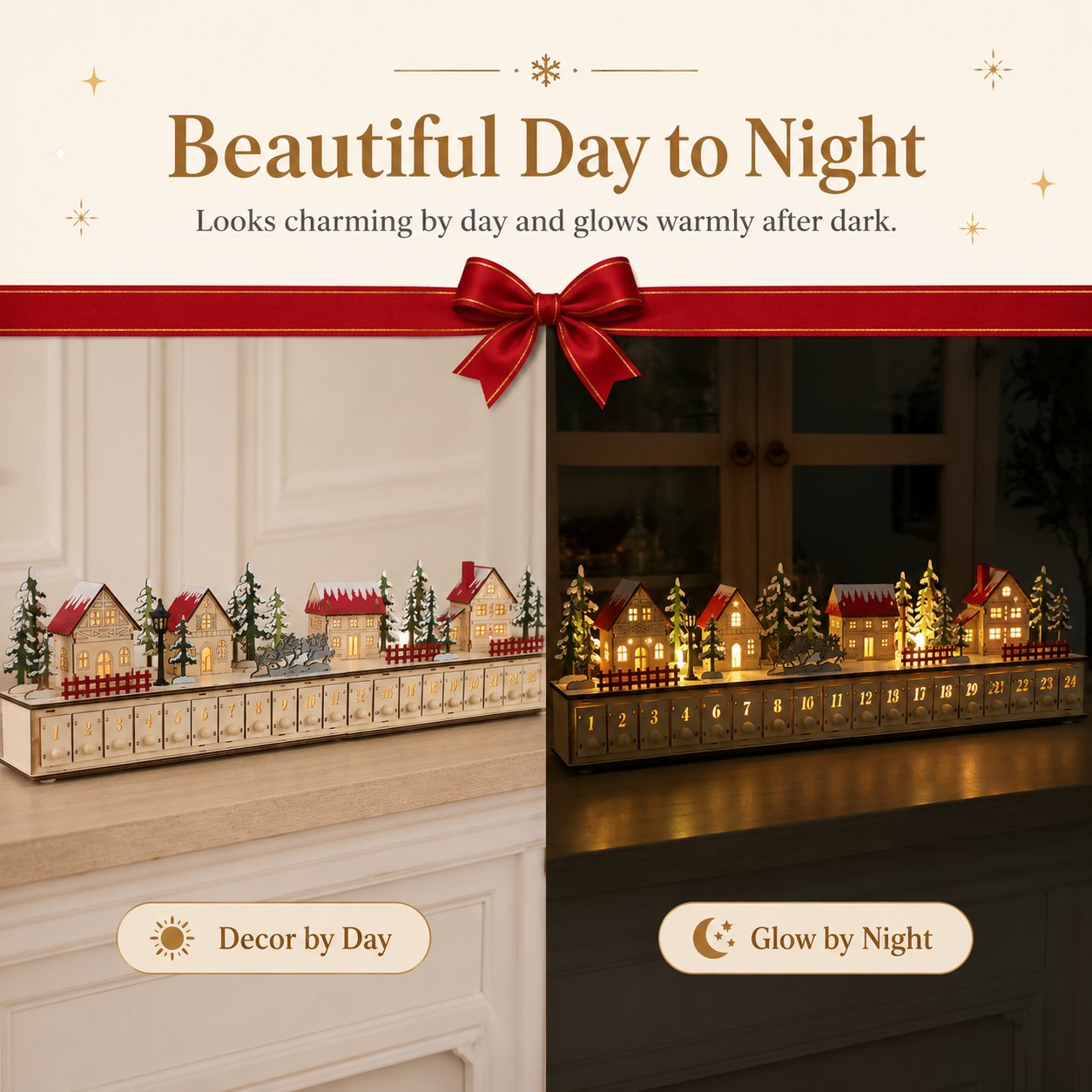 🏡🎁Wooden Village Advent Calendar With Led Glow