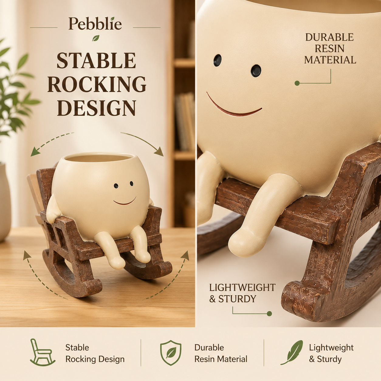 Upgrade Your Plain Boring Plant Pots | Cute Lazy Smile Character Ceramic Succulent Planter with Detachable Wooden Rocking Chair Desk Decor