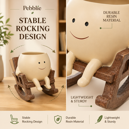 Upgrade Your Plain Boring Plant Pots | Cute Lazy Smile Character Ceramic Succulent Planter with Detachable Wooden Rocking Chair Desk Decor
