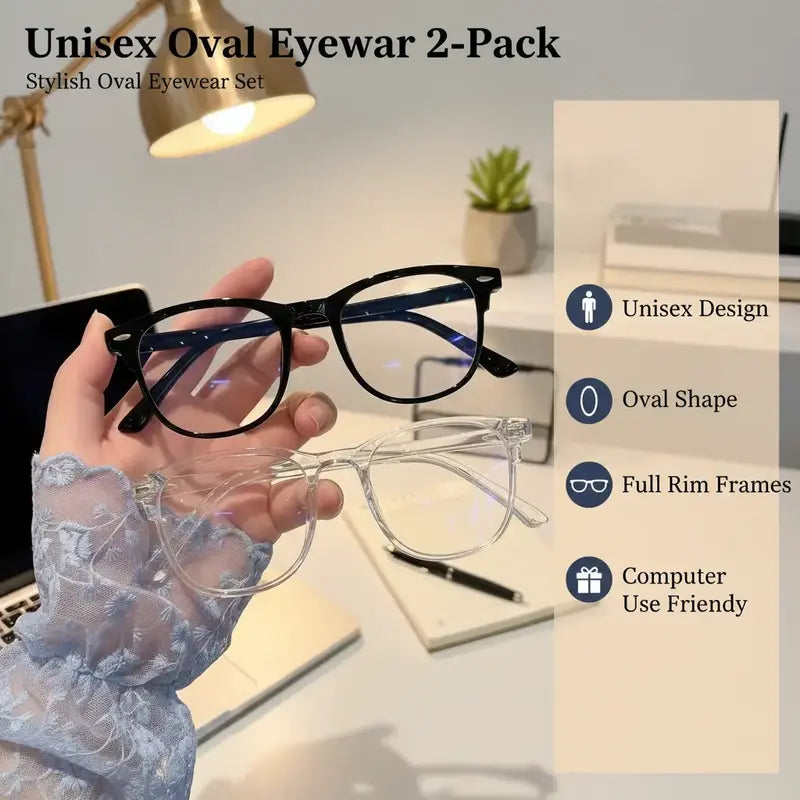 Unisex Oval Non-Prescription Glasses - 2-Pack Black & Clear Full Rim Frames