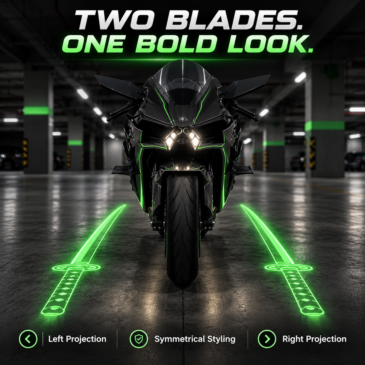 ⚔️🏍️ ShadowKatana – Dual Green Motorcycle Ground Projection Lights