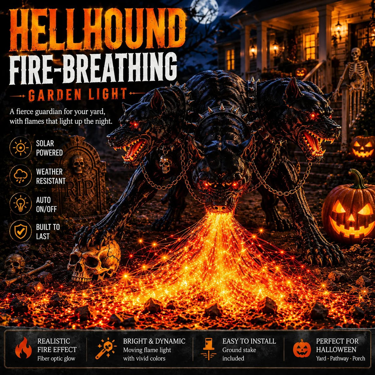 🔥 3-Headed Hellhound Halloween Light – Solar Fire-Breathing Yard Monster CUSBBY