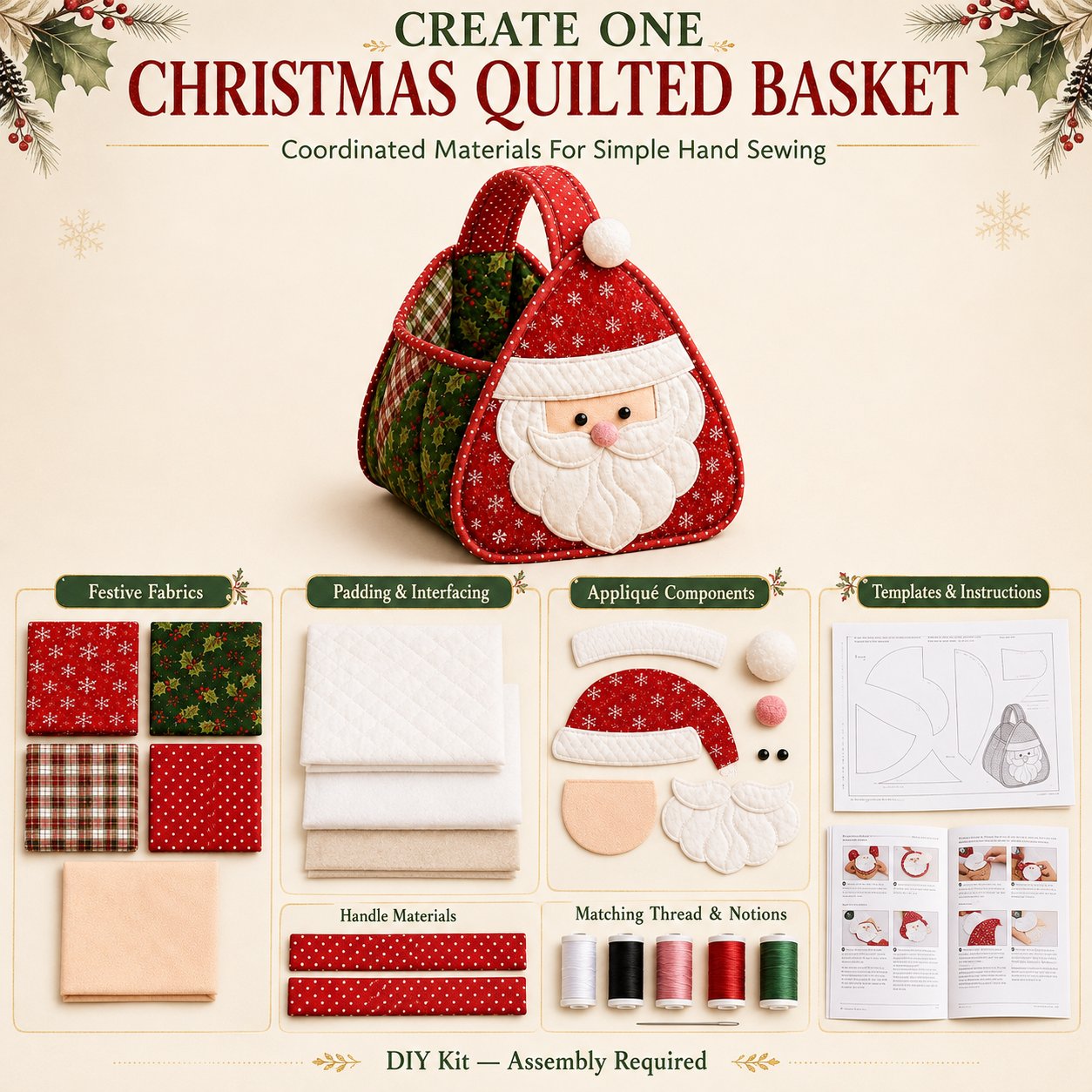 🎄 Christmas Quilted Carry Basket – DIY Sewing Kit & Finished Basket 🎁