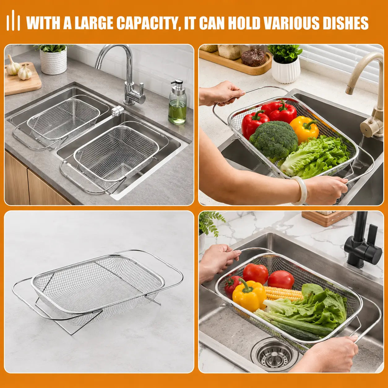 Stainless Steel Expandable Over-The-Sink Colander Strainer Basket