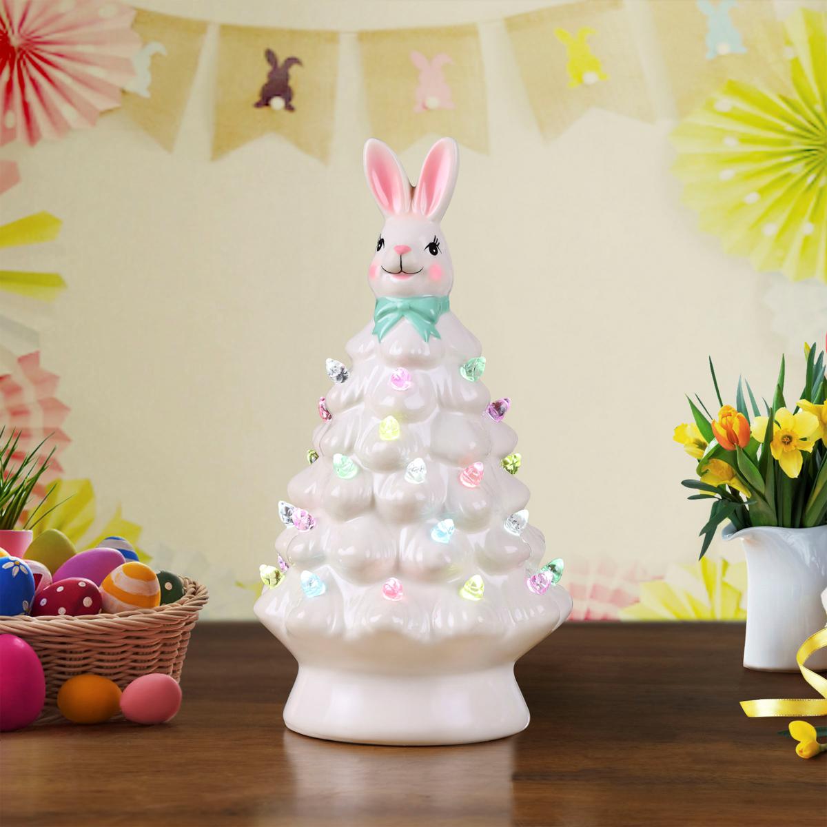 🐰Pink Bunny Tree Easter Decorations, 2026 New Resin Bunny Rabbit Tree with Lights